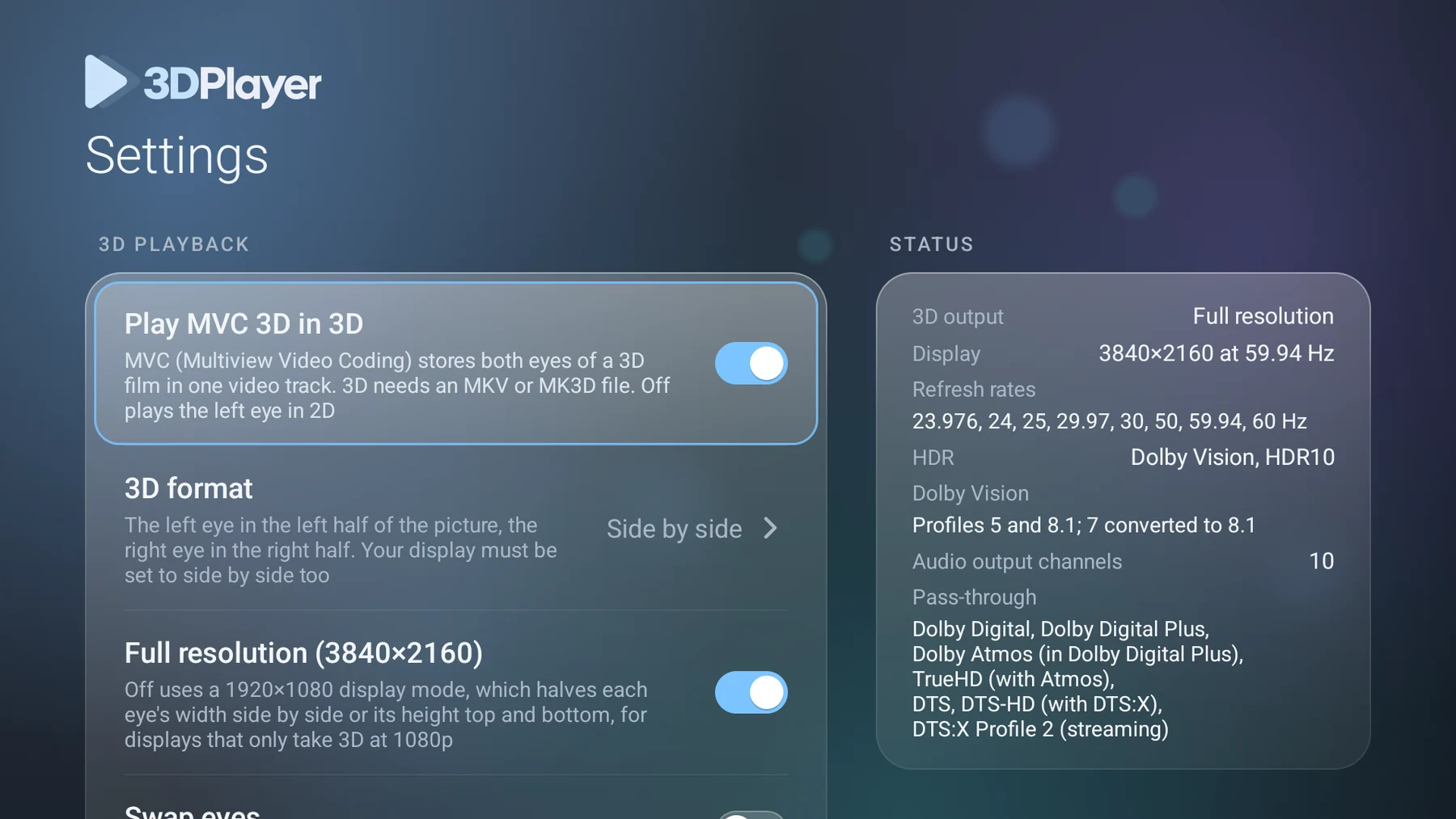 3DPlayer settings screen showing MVC and 3D output options